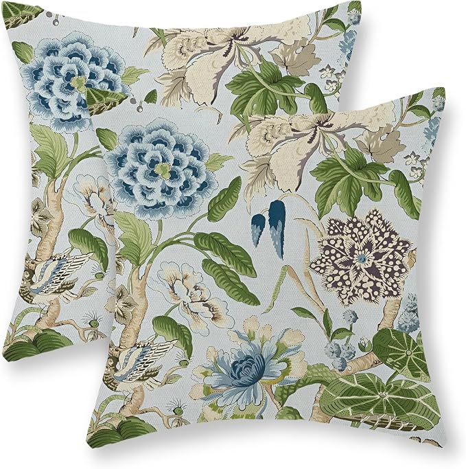 Baby Blue Green Pillow Covers 18x18 Inch Set of 2 Vintage Blue Floral Throw Pillows Chinoiserie Flower Decorative Pillow Case Outdoor Linen Farmhouse Cushion Cover for Couch Sofa Decorations