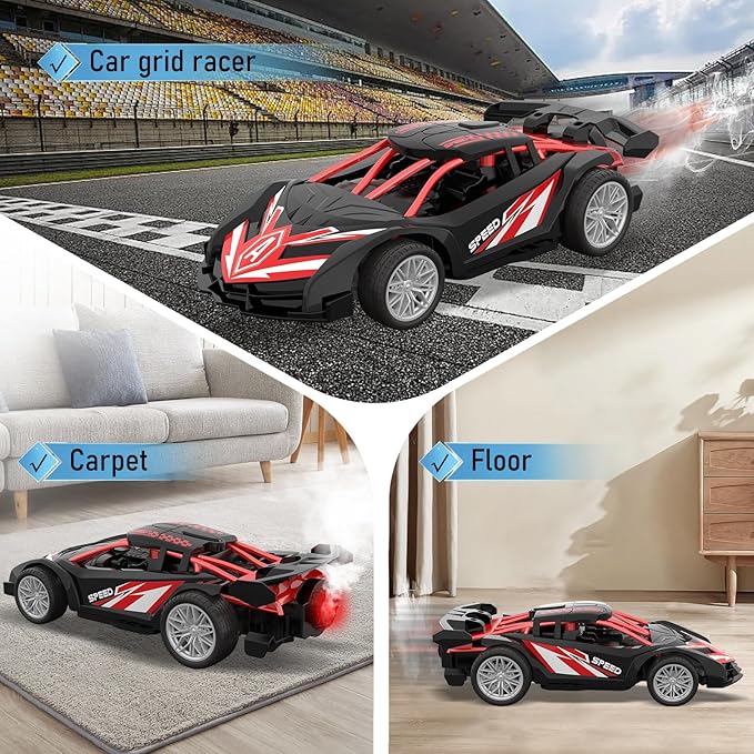 1/18 RC Car for Kids with Rechargeable Battery, LED Lights & Spray - Remote Control Car for Boys, Small RC Drift Cars for Ages 4-7 (Black & Red)