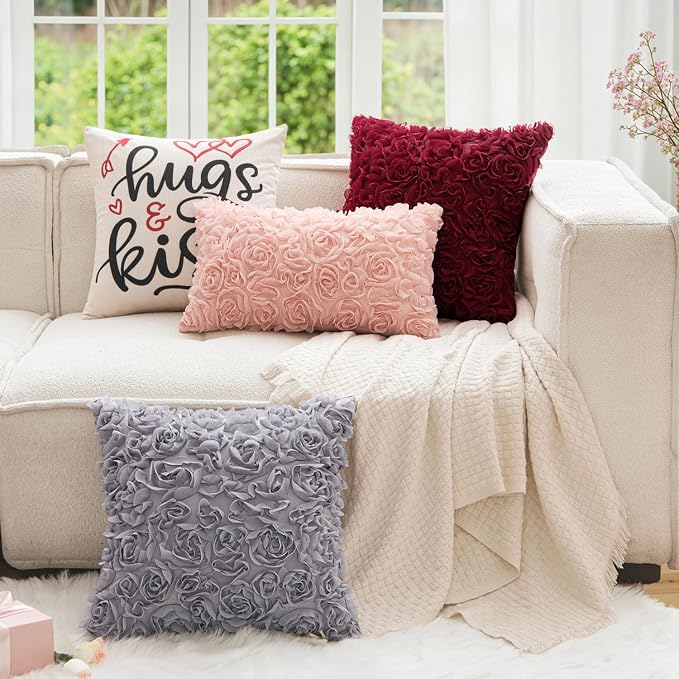 MIULEE Decorative Rose Flower Pillow Cover Pack of 1 Peach Pink 12x20 Inch | Cute Romantic Stereo Chiffon Throw Pillow Cover Aesthetic Solid Pillowcase for Girl Coquette Room Decor Coach Bedroom