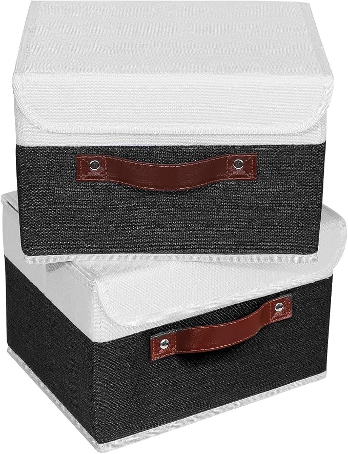 ANMINY Fabric Storage Box Bins with Lids, Black White, 10"x8"x7", 2 Pack | Keepsake Memory Storage, Cotton Linen, PP Board Reinforced, Washable, PU Handles, Foldable & Stackable, Decorative, Small