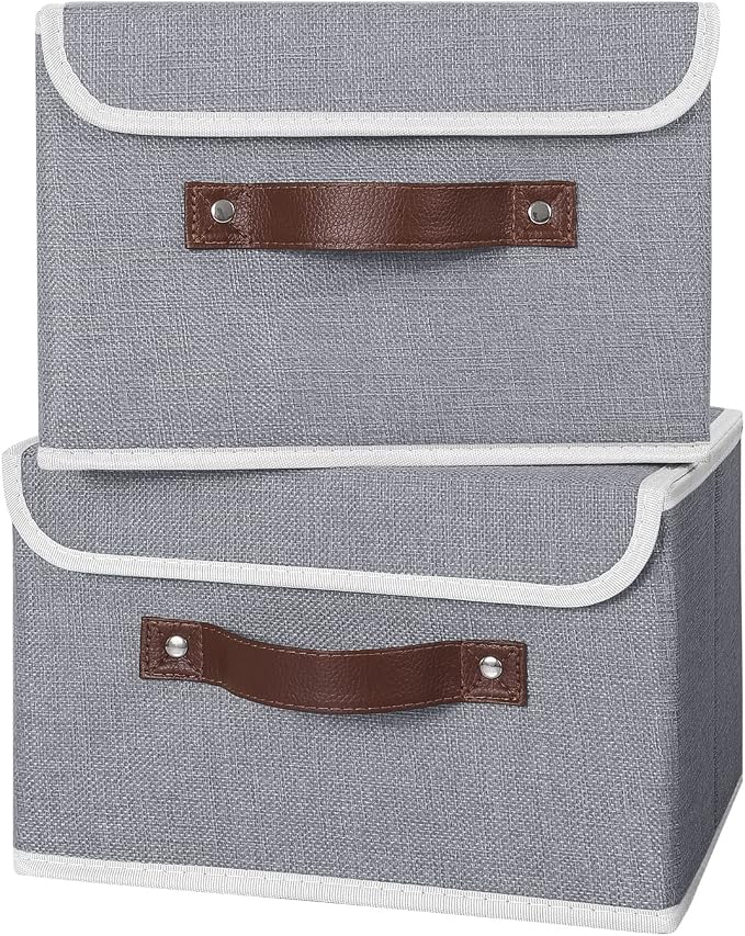 ANMINY Fabric Storage Box Bins with Lids, Gray, 10"x8"x7", 4 Pack | Keepsake Memory Storage, Cotton Linen, PP Board Reinforced, Washable, PU Handles, Foldable & Stackable, Decorative, Small