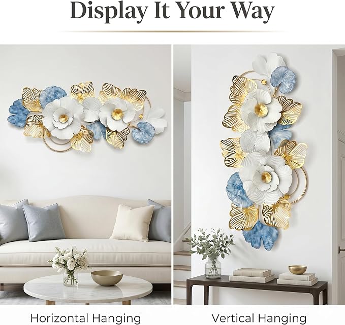 Axioglo 59" Large Wall Decor,3D Floral Metal Wall Art for Living Room | 59" x 27" metal wall decor with layered metal texture, mounting hardware, two-way display