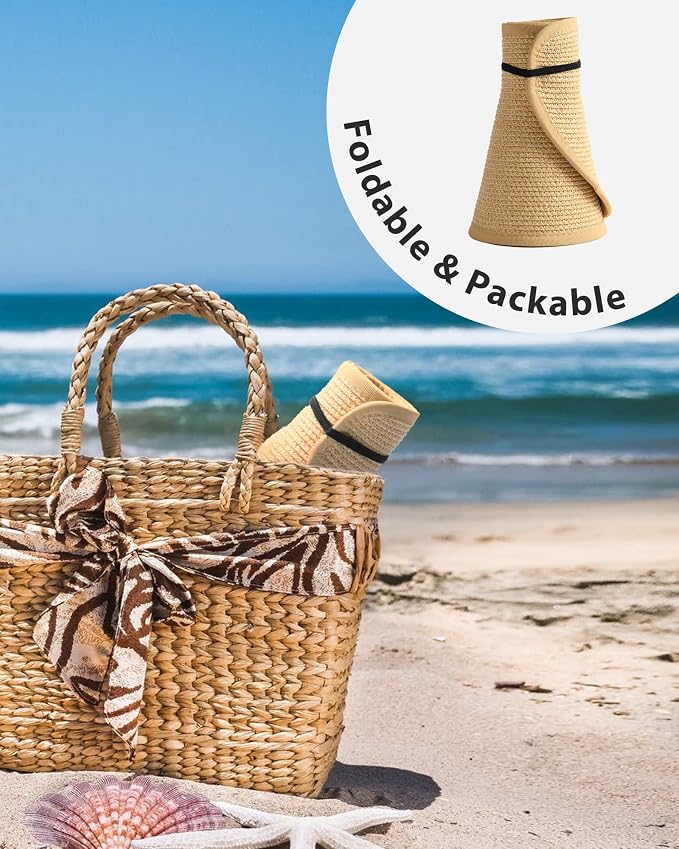 FURTALK Womens Sun Hat with Ponytail Hole Wide Brim Beach Straw Visor | Foldable & Packable for Beach Vacations, Adjustable Fit for Messy Buns, Detachable Windproof Strap, Sweat-Wicking Inner Band