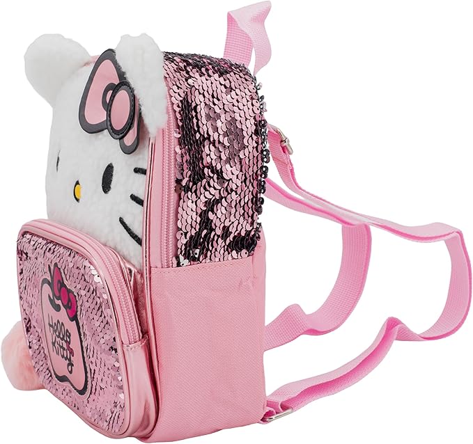 AI ACCESSORY INNOVATIONS Hello Kitty 9” Micro Mini Backpack Purse Featuring 3D Ears & Bow, Sherpa & Sequin Material, & Pompom Dangle, Pink