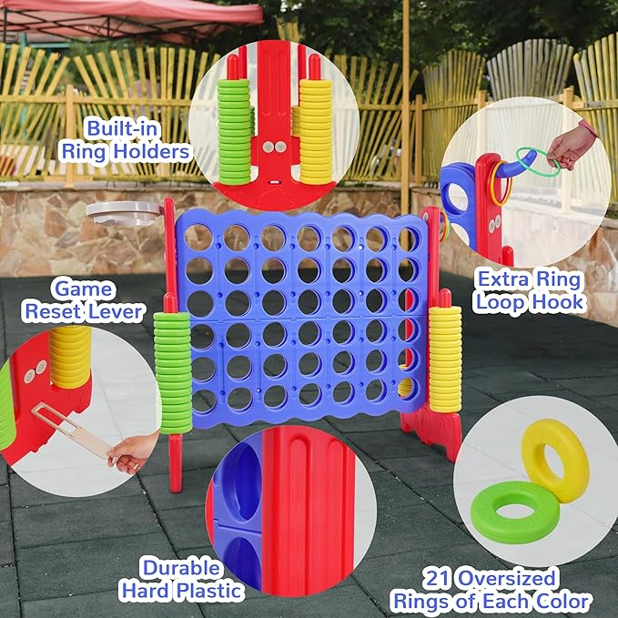 Elevon Giant 4-to-Score Game Set, 4-in-A-Row Jumbo w/Basketball Hoop, Ring Toss, 42 Jumbo Rings & Quick-Release Slide, 2.75FT Tall Indoor Outdoor Yard Family Connect Game for Kids & Adults