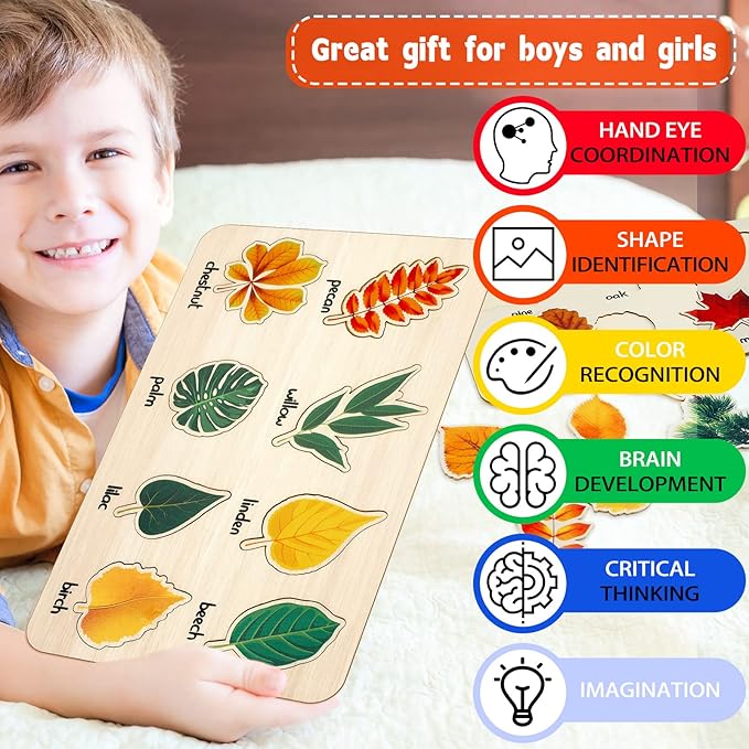 2 Pack Leaf Wooden Jigsaw Puzzles Preschool Puzzles Leaf Puzzle Montessori Toy Educational Plant Early Educational Learning Toys for Birthday Gift School Games
