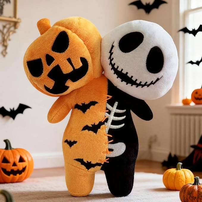 Horror Reversible Glow Plush Creepy Stuffed Animal Toy Scary Pumpkin & Skeleton Buddy Doll for Kids & Game Fans Great Gift for Birthday Halloween Christmas Party