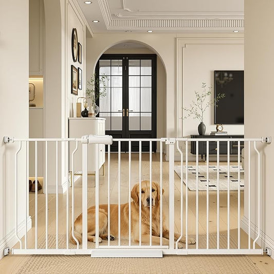 TSAYAWA Extra Wide Walk Through Baby Gate with Door, 62-67 Inch Wide Presure Mounted No Drill Metal Auto Close Child Gate for Stair Doorway - Indoor Outdoor Safty Gate for Toddler Dog Doggie, White
