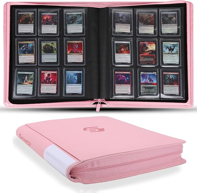 Snekdy Top loader Binder, 9 Pockets Top Loader，Holds 360 Top Loaders cards, Card binder with Sleeves for card in 3 x 4 inches color smooth Zipper PU Leather (Pink)