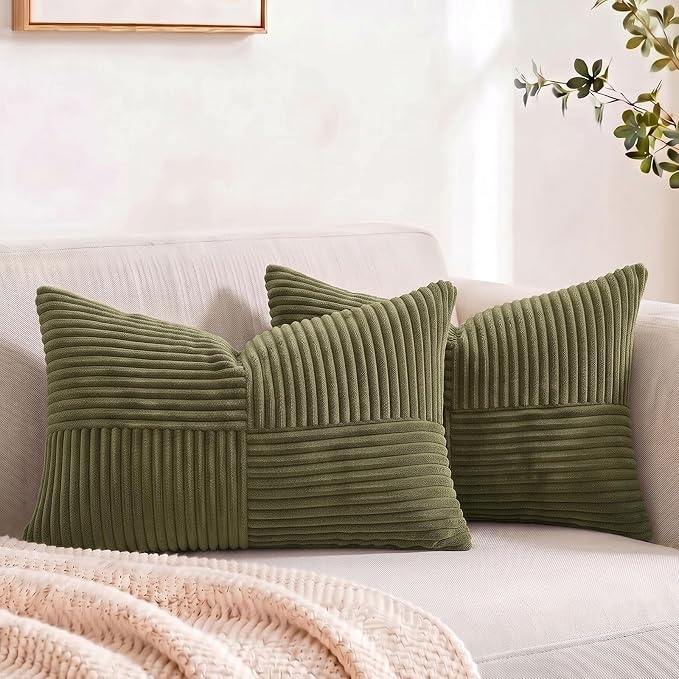 Fancy Homi 2 Packs Olive Green Lumbar Decorative Throw Pillow Covers 12x20 Inch for Living Room Couch Bed, Farmhouse Boho Home Decor, Soft Striped Corduroy Rectangle Accent Cushion Case 30x50 cm