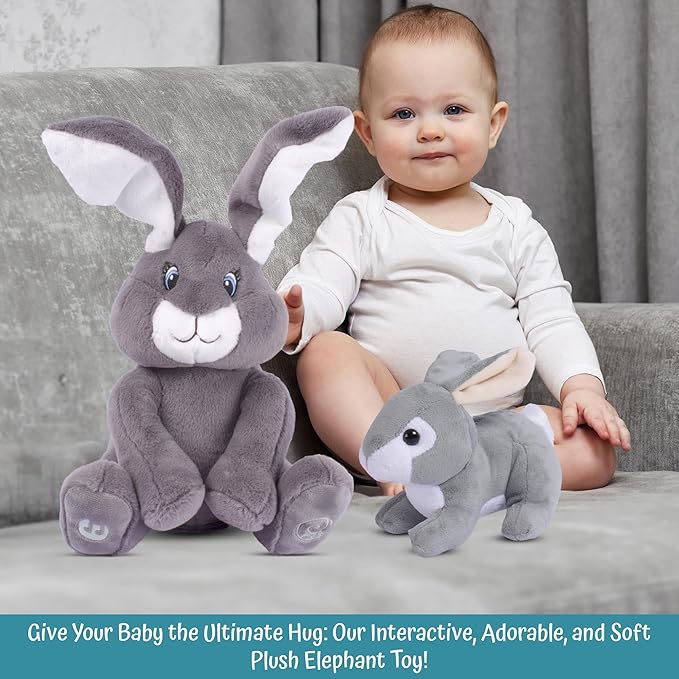 Dimple Bunny Set - Milo Stuffed Bunny Toy, Animated Interactive Rabbit with Peek-a-Boo Feature with Singing Songs and Grey Plush Baby Rabbit, Perfect Baby Plush Toy Gift for Ages 0 an Up