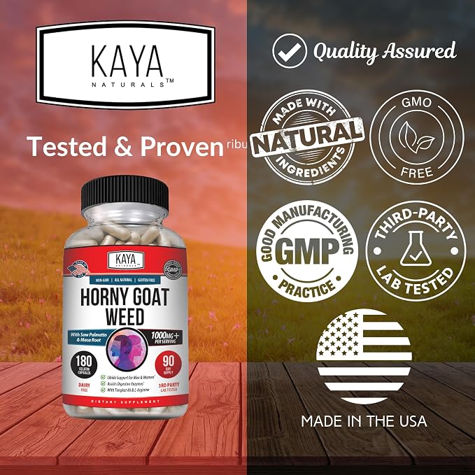 Kaya Naturals Horny Goat Weed Extract - Maca - Extra Strength Complex with Saw Palmetto Ginseng, Arginine Vitamin Supplement - Horny Goat Weed - 180 Count (Pack of 2)