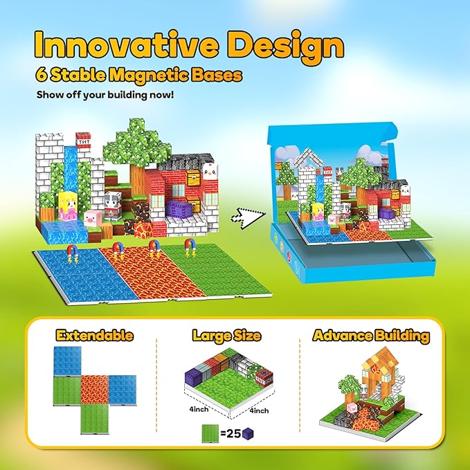 Magnetic Building Blocks - 150PCS Building Toys with 6PCS Bases, Magnet Cube Game for Kids, Build Mine Castle Volcano World for Boys Girls Age 3-5 4-8 8-12, STEM Sensory Outdoor Travel Toys Gifts
