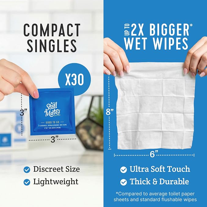 Stall Mates Witch Hazel: Flushable Wipes, Individually Wrapped, Travel Friendly, Soothing, Unscented with Cucumber, Aloe and Chamomile, (90 on-the-go singles) BULK PACK