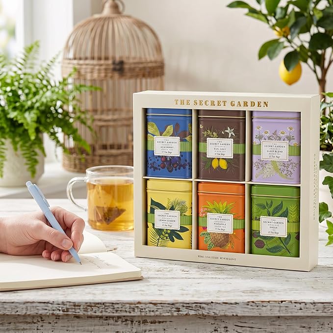 Life Plus Style Gourmet The Secret Garden Organic Tea Collection 6 Assorted Tins 90 Tea Bags Green Black and Herbal Blends with Fruit Infusions for Wellness Ideal for Gifting