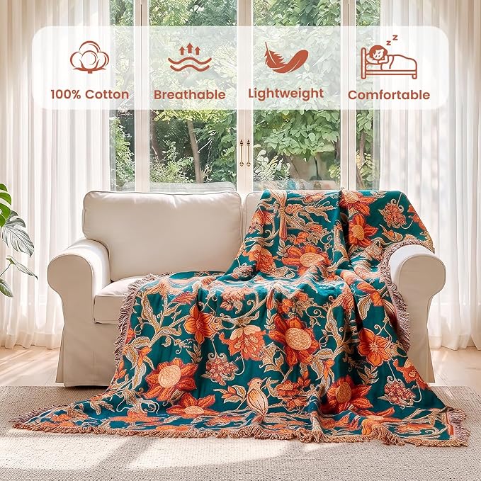 MSGKV Boho Throw Blanket 60"x80" 100% Cotton Floral Bird Blanket Couch Bed | 100% Cotton Throw, Floral Bird Design, Muslin Blanket, Summer Breathable, Farmhouse Home Decor, All Seasons, Machine Washable