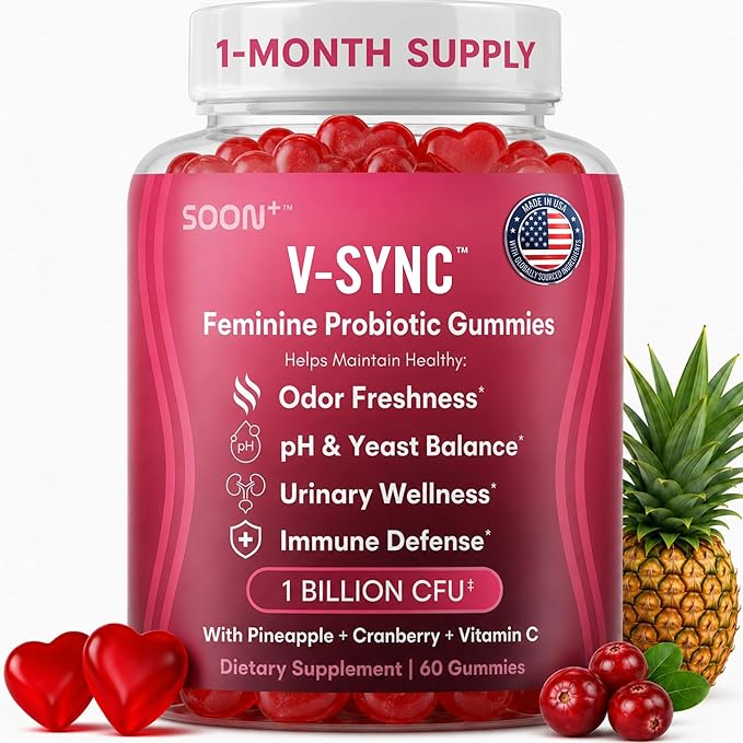 SOON+ Feminine Balance Gummies for Women, V-Sync Pineapple Probiotics for pH Balance Support * Vaginal, Urinary, Immune, Digestive Wellness * with Bacillus Coagulans, Cranberry, Vitamin C, 60 Gummies