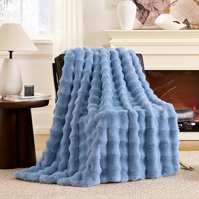 Cozy Bliss Faux Fur Bubble Throw for Couch, Fuzzy Soft Plush Thick Blanket for Sofa Bedroom Living Room, 60x80 Inches Misty Blue