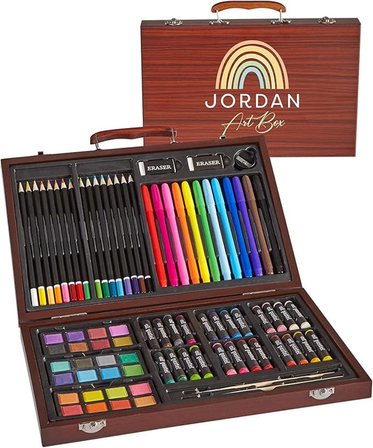 Let's Make Memories Personalized 80-Piece Deluxe Art Set - for Kids - Wood Carrying Case - Oil Crayons, Colored Pencils, Watercolors - Arts & Crafts - Palette Design - Add Name - Colorful Rainbows
