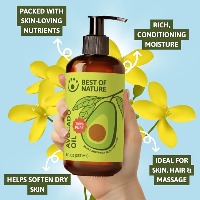 Best of Nature 100% Pure Avocado Oil – Natural Massage Oil, Moisturizing Body & Hair Oil, Unscented Skincare & Carrier for Essential Oils, Bulk Size Available (8 Fl Oz)