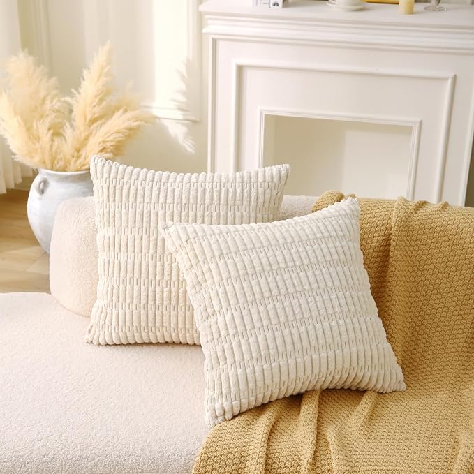 2 Pack Corduroy Decorative Throw Pillow with Inserts, 18x18 Inch Soft Boho Throw Pillow, Square Striped Throw Pillows for Couch, Bed, Sofa Decor(Beige)