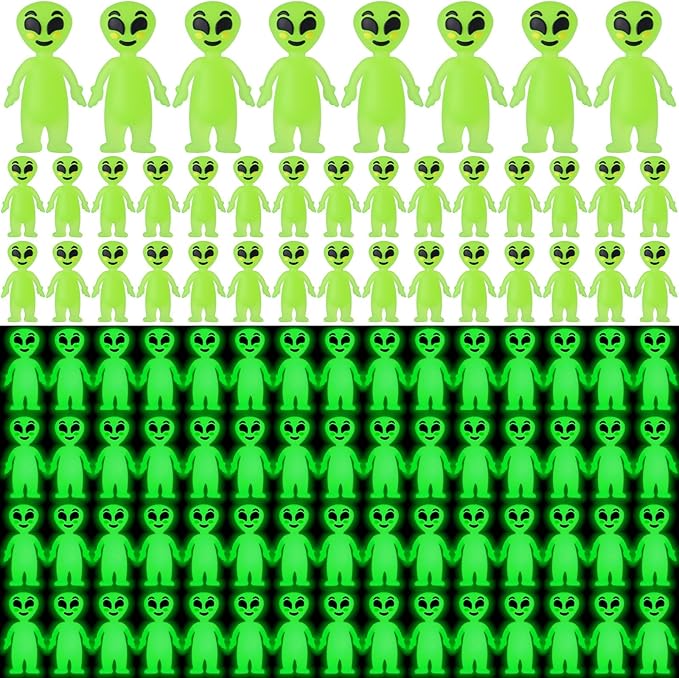 100 Pcs Halloween Mini Alien Figure Glow in The Dark Small Luminous Alien Figurine to Hide and Seek for Halloween Party Favors, Trick or Treat Goodie Bag Fillers, Space Party Favors