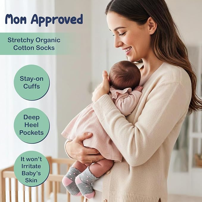 Mother's Choice Organic Cotton Baby Socks 0–6 Months, 12 Pairs Newborn & Infant Socks Soft Hypoallergenic Breathable Gentle On Delicate Skin Stretch Fit Comfortable Daily Essentials For Little Ones