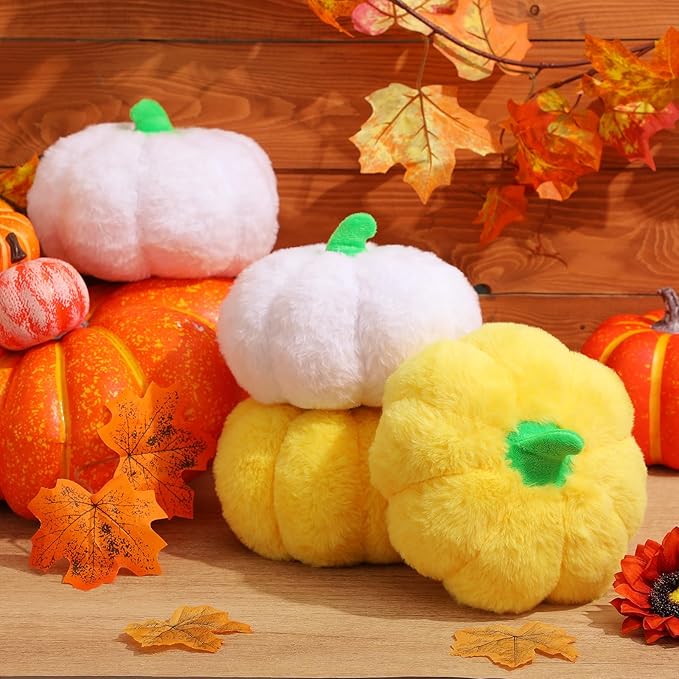 4 Pcs Pumpkin Pillows Fall Halloween Pumpkin Stuffed Animals Rabbit Hair Plush Toys Fluffy Thanksgiving Decor Throw Pillows Gifts for Kids for Home Bedroom Sofa Couch(White,Yellow)