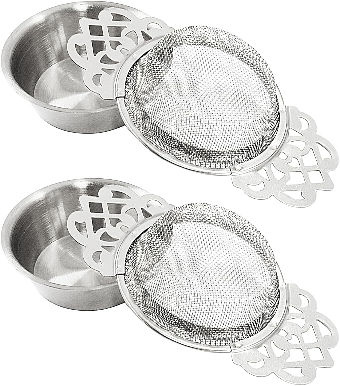 2 Pack Tea Strainers with Drip Bowls, Stainless Steel Tea Strainer Bowl Loose Leaf Tea Filter for 2.5-4 Inch Cup Mouth (Sliver)