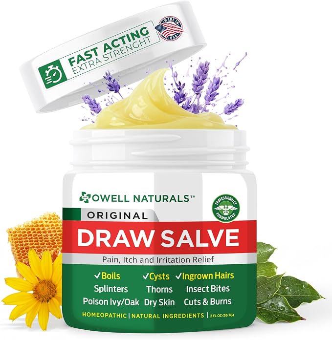 Owell Naturals Drawing Salve, 2 Fl Oz Ointment Multipurpose for Boil Removal, Cyst, Bumps, HS, Deep ingrown Hair, Splinter Out, Itch from Insect Bites, Poison Ivy