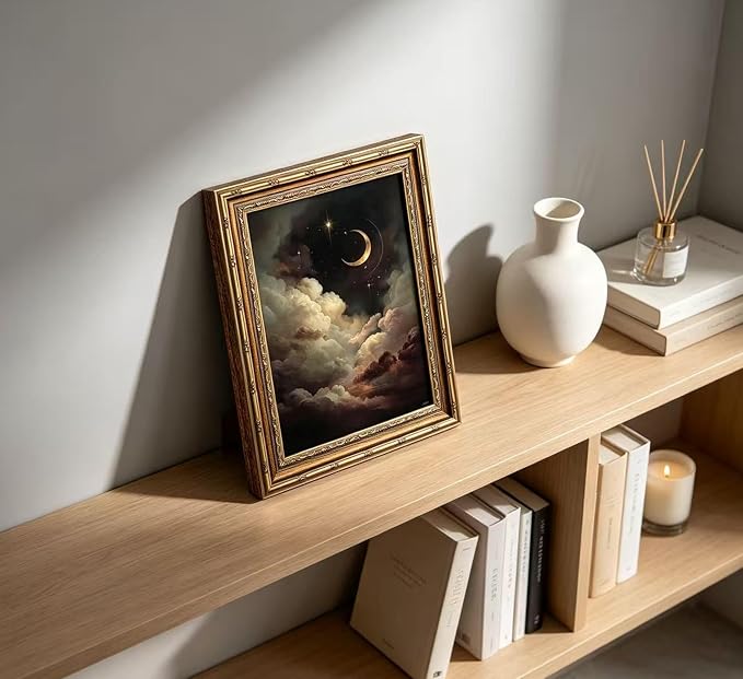Vintage Gold Framed Celestial Wall Art, Moody Moon and Stars Gothic Painting Canvas Print, Dark Academia Wall Decor,Mystical Celestial Poster Artwork, for Living Room Bedroom Bathroom