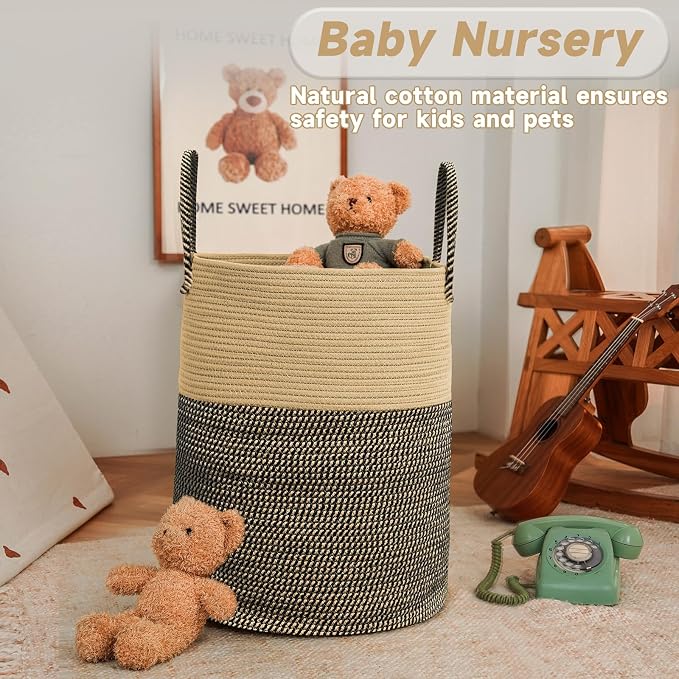 JMvicyroam 100L Cotton Rope Laundry Basket Hamper, Brown and Black | Collapsible laundry basket, reinforced handles, freestanding, machine washable, holds 3-5 thick blankets, clothes or toys