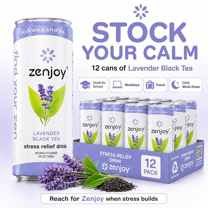 Zenjoy Adaptogen Drink Stress Relief Tea | Non Alcoholic Calming Drink w/Ashwagandha, Lemon Balm & L-Theanine for Focus | Stress Tea Calming Social Mocktail with Adaptogens (12 Pack, Lavender)