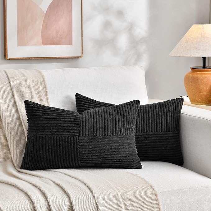 Fancy Homi 2 Packs Black Lumbar Decorative Throw Pillow Covers 12x20 Inch for Living Room Couch Bed Sofa, Rustic Farmhouse Boho Home Decor, Soft Striped Corduroy Rectangle Accent Cushion Case 30x50 cm