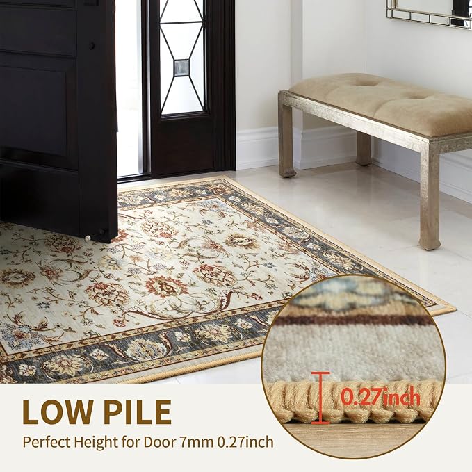 8x10 Ft Extra Large Washable Area Rugs for Living Room, Thin Floral Vintage Print Rug Non Slip Carpet for Bedroom Dining Room Kidsroom Home Decor (Beige Yellow)