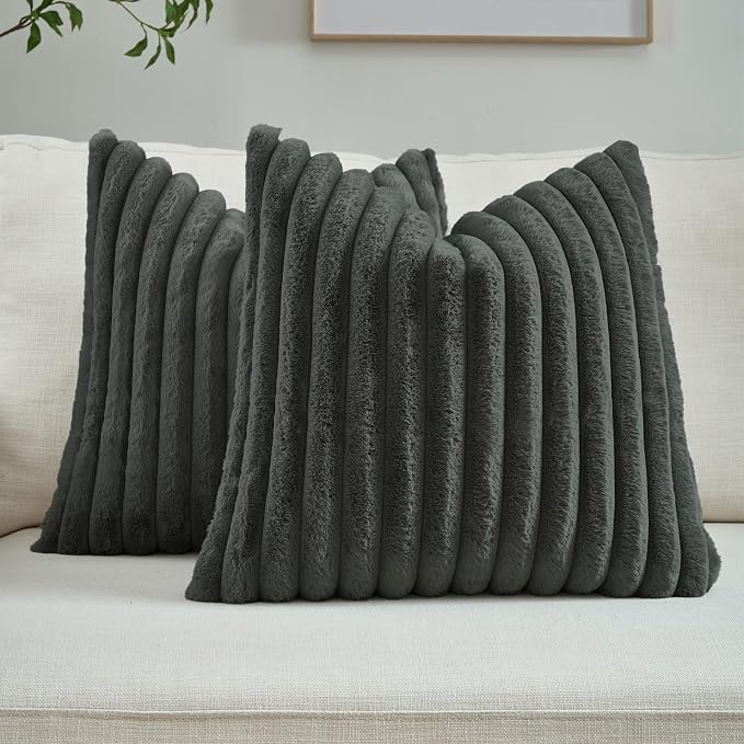 FUTEI Pack of 2 Faux Fur Throw Pillow Covers 26x26 Inch, Dark Grey | Fluffy Faux Rabbit Fur Front/Premium Velvet Back,Hidden Zipper,Machine Washable,Non-Shedding,Colorfast,Insert Not Included.