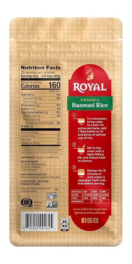 Royal Organic Basmati Rice - Long Grain White Rice - 2 lb Bag - Perfect for Biryanis, Pilafs & Curries - Cook on Stove Top (Pack of 4)