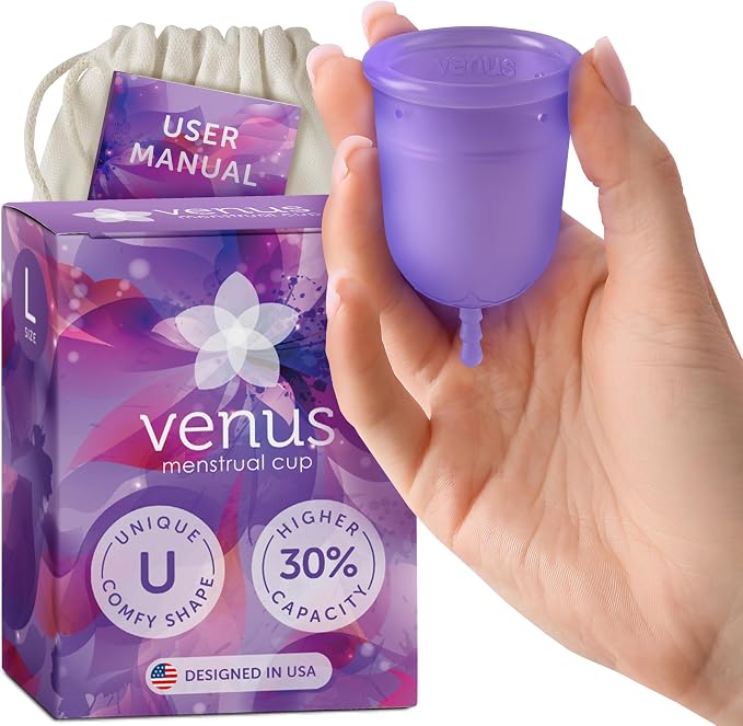 Venus Large Menstrual Cup - Higher Capacity (+30%) - Unique U-Shape Design for Heavier Flow Days - Get 12 Hours Leak-Free Protection - 100% Medical Grade Silicone Reusable Period Cup | Large