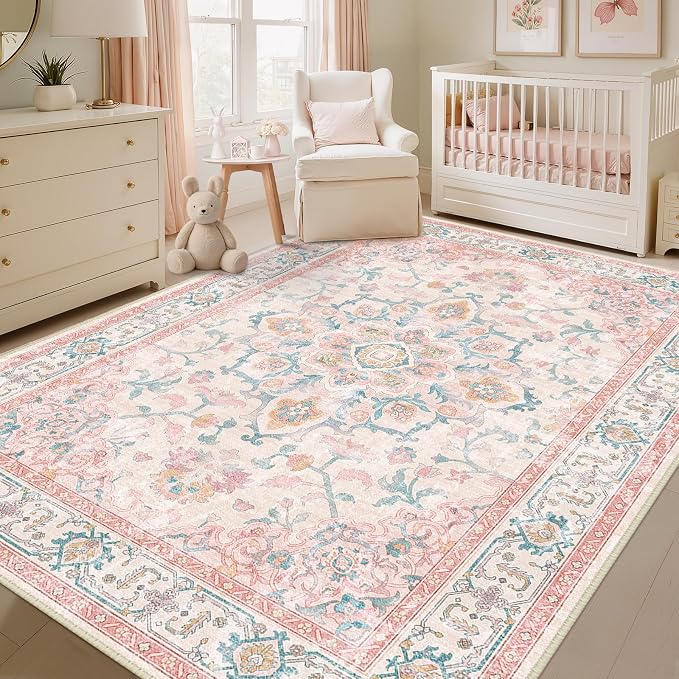 CAPALOCA 6x9 Washable Nursery Girls Low Pile Area Rug Pink Teal | Non-Slip Soft Rugs for Bedroom Kids Playroom Living Room, Print Pattern Water Repellent Carpet Indoor Decor