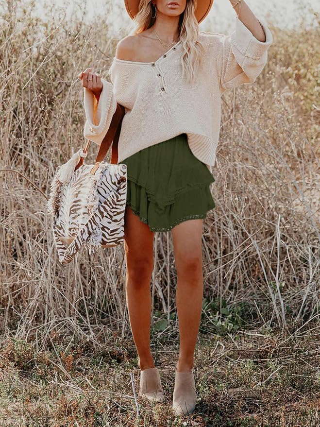 Flowy Shorts for Women Casual Boho Ruffle Tiered Skorts High Waist Mini Skirts Golf Tennis Crochet Shorts