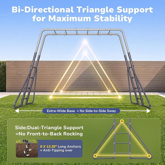 Hapfan Swing Sets for Backyard with Monkey Bars, 2 Belt Swings & Trapeze Bar- Heavy Duty Metal Outdoor Playground Sets for Kids, Backyard Playset (Dark Blue & Grey)