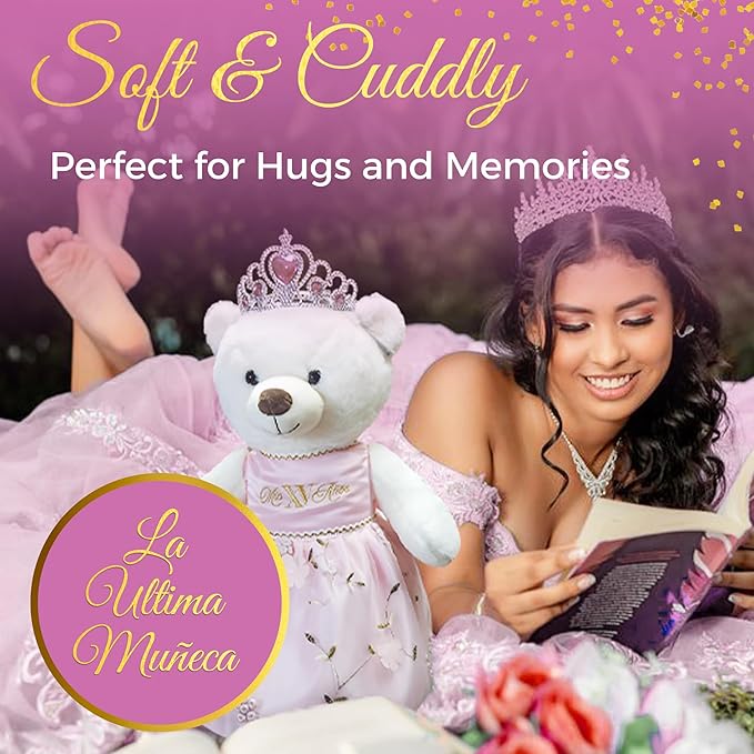 Quinceañera Teddy Bear 18-inches Tall with Dress for 15th Birthday, Quince Bear with Matching Crown, Ideal Keepsake for 15th Birthday, Mis XV Años - Pink