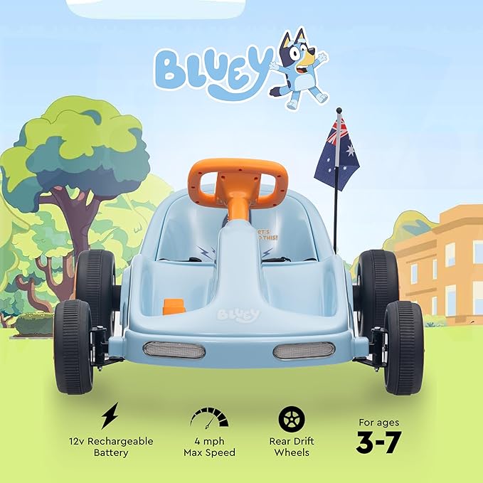 Bluey 12V Electric Go Kart for Kids, Electric Ride-On Toy with Lights, Seat Belt, Ages 3-6, Durable PVC and Iron Construction, Rechargeable Battery, Outdoor and Indoor Fun