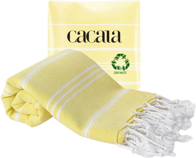 Cacala 100% Turkish Cotton Kitchen Tea Towels, Highly Absorbent Luxury Soft Quick Drying Dish Towel with Hanging Loop for Gym, Yoga, Bath, Sports, Cleaning and Kitchen (23 x 36), Light Yellow