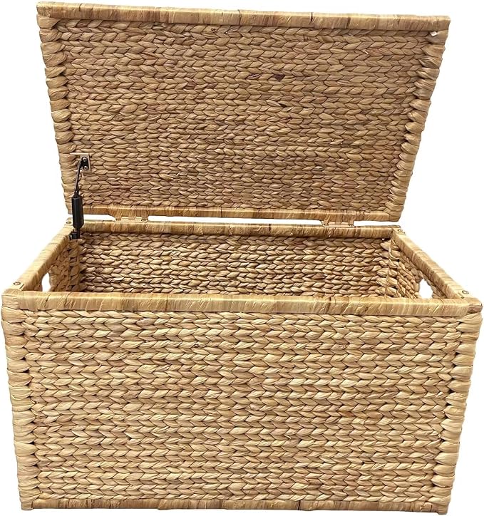 Water Hyacinth Wicker Storage Trunk, Natural, 30x17.5x17.5 Inches | Safety Hinge, Metal Frame, Decorative Blanket Chest & Storage Box, Farmhouse Woven Storage, For Living Room & Entryway