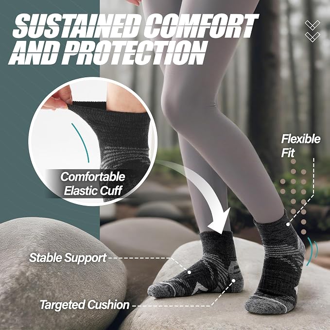 ANTSANG 6 Pairs Merino Wool Quarter Ankle Hiking Running Socks Compression Thermal Thick Cushion Socks for Women Men