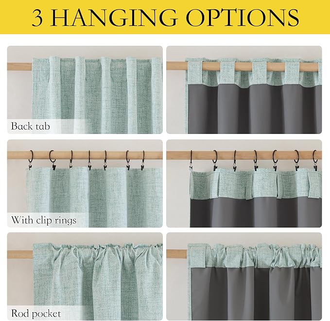 NICETOWN Seafoam Green Thick Linen Blend 100% Blackout Curtains with Grey Liners, Back Tab Thermal Insulated Flax Textured Full Blackout Window Draperies for Kitchen (2 Panels, 42" W by 63" L)