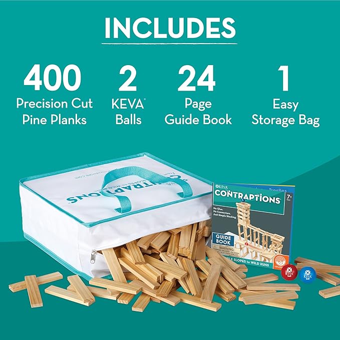 MindWare KEVA Contraptions, Wooden Blocks Building Set, Marble Run Kit, Includes 2 Balls - 400 Planks