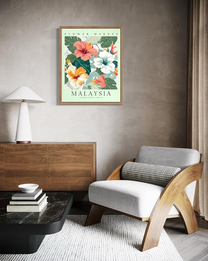 Malaysia Flower Market Art Print Poster, Wall Art Floral Painting Botanical Decor for Bedroom, Kitchen, Bathroom Livingroom Decoration 82B (Malaysia, 20"L x 16"W, Wood Frame)