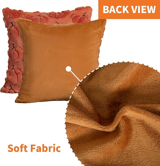 Fall Pumpkins Decorative Pillow Covers 20x20 Set of 2, Dark Rust Red Soft Plush Faux Fur Wool Farmhouse Throw Cushion Cases for Autumn Thanksgiving Holiday Home Decorations
